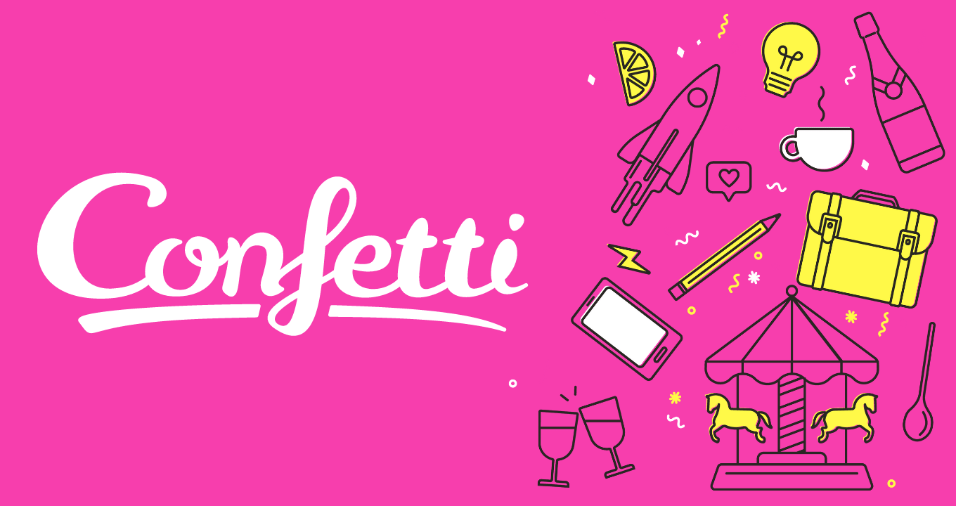 Confetti logo on a hot pink background