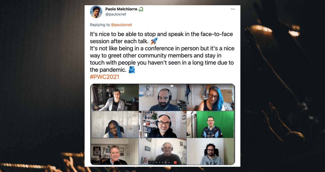 screenshot of Twitter post featuring image of event attendees in a video call