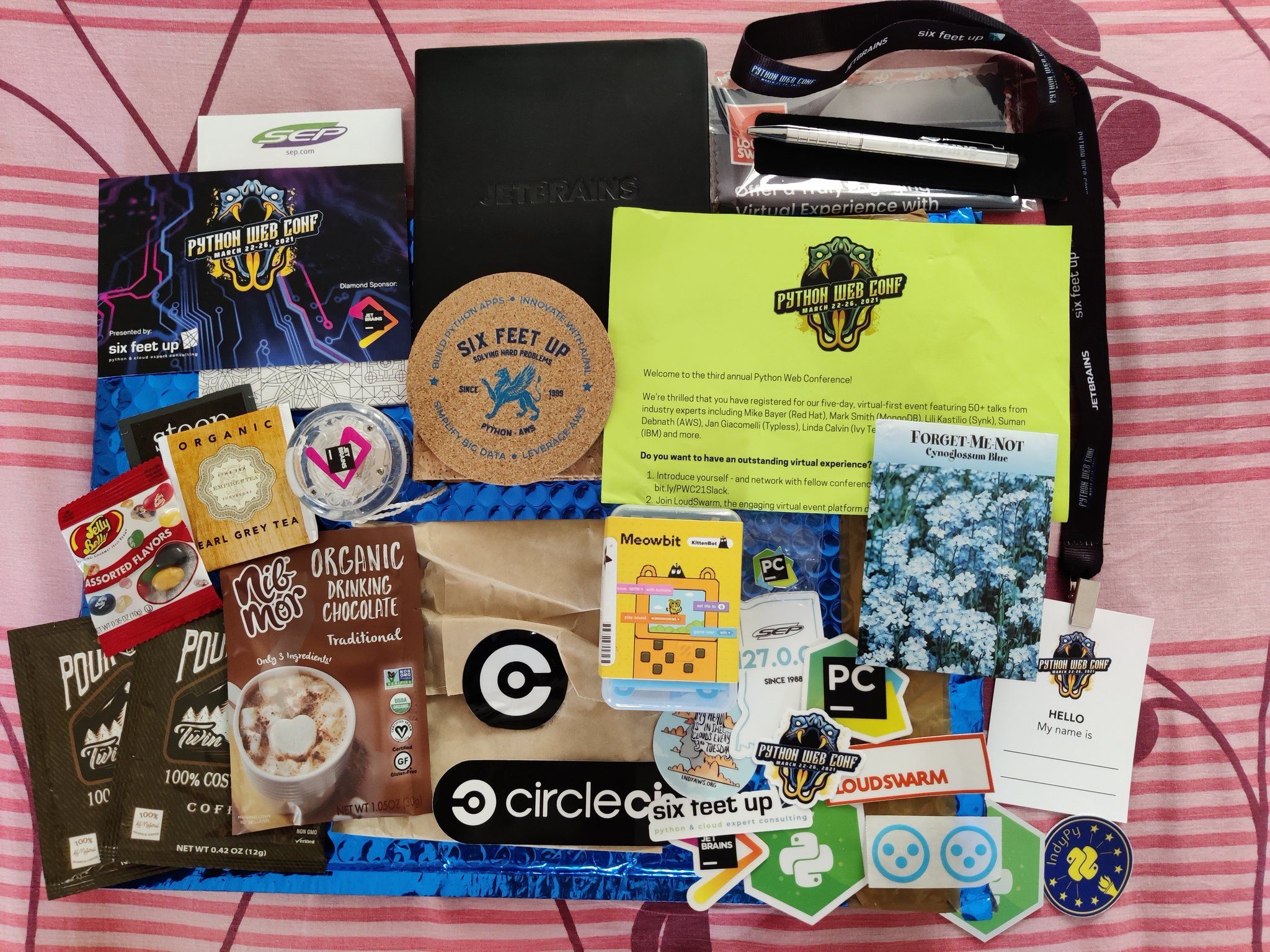 Image of numerous swag bag contents laid across a flat surface